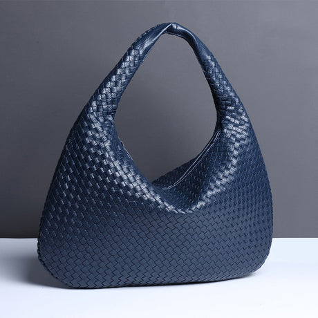 Dark Blue Elegant Woven PU Leather Hobo Bag - Stylish Large-Capacity Shoulder Handbag for Women