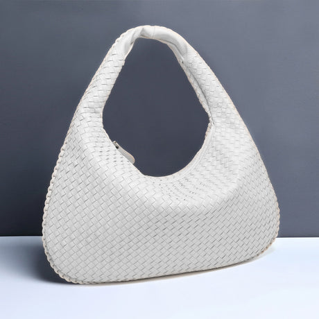 White Elegant Woven PU Leather Hobo Bag - Stylish Large-Capacity Shoulder Handbag for Women