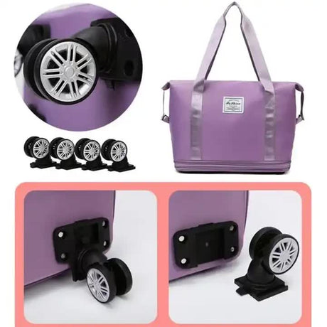 Purple Large Capacity Foldable Travel Bags with Wheels - Lightweight Waterproof Duffel Totes