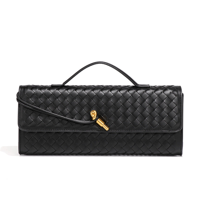 Black Luxury Woven PU Leather Clutch - Elegant Women's Evening Baguette Bag with Adjustable Shoulder Strap