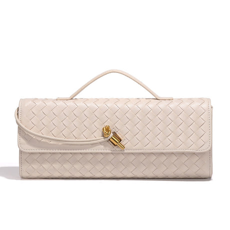 Off White Luxury Woven PU Leather Clutch - Elegant Women's Evening Baguette Bag with Adjustable Shoulder Strap