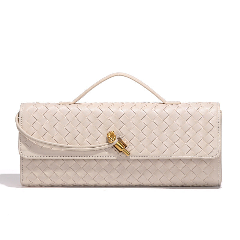 Off White Luxury Woven PU Leather Clutch - Elegant Women's Evening Baguette Bag with Adjustable Shoulder Strap