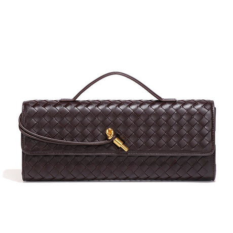 Chocolate Luxury Woven PU Leather Clutch - Elegant Women's Evening Baguette Bag with Adjustable Shoulder Strap