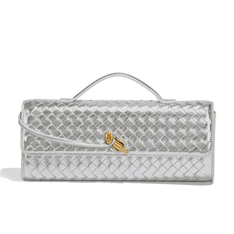 Silver Luxury Woven PU Leather Clutch - Elegant Women's Evening Baguette Bag with Adjustable Shoulder Strap