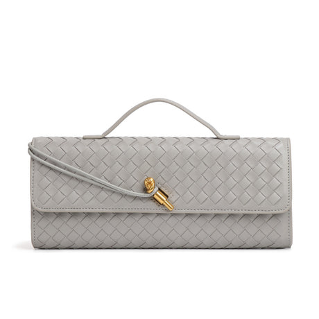 Gray Luxury Woven PU Leather Clutch - Elegant Women's Evening Baguette Bag with Adjustable Shoulder Strap