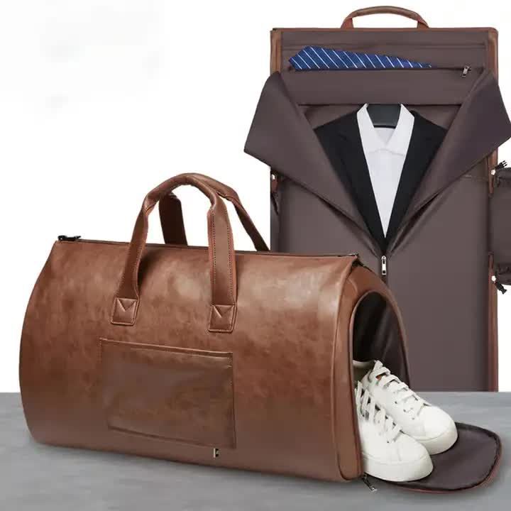 Brown PU Leather Travel Duffel Bag - Large Capacity Waterproof Suit Bag with Shoe Compartment