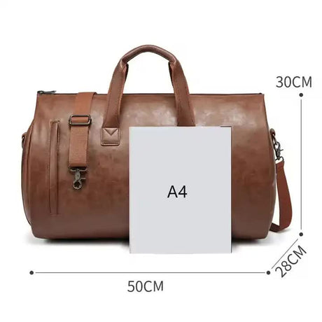 Brown PU Leather Travel Duffel Bag - Large Capacity Waterproof Suit Bag with Shoe Compartment