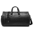 Black PU Leather Travel Duffel Bag - Large Capacity Waterproof Suit Bag with Shoe Compartment