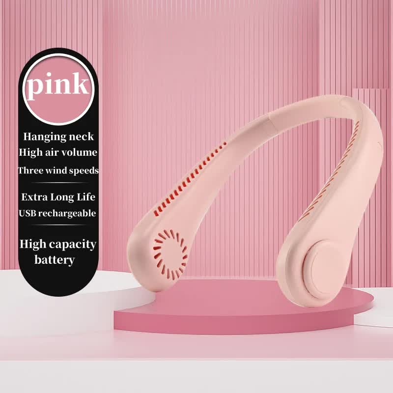 2PCS Pink Leafless Hanging Neck Fan - Rechargeable Portable Hands-Free Cooling Fan with 3 Speeds