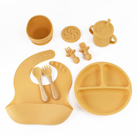 Yellow 8-Piece Silicone Children's Tableware Set - BPA-Free Baby Feeding Utensils with Wooden Fork and Spoon, Cup, Bowl, and Bibs