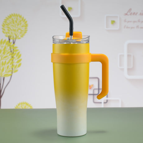 Yellow 304 Stainless Steel 40oz Car Mug - Insulated Tumbler with Handle and Straw