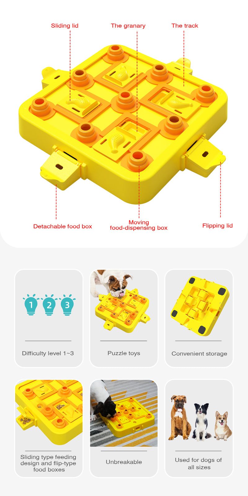 Yellow Interactive Slow Feeder Puzzle Toy for Dogs - Durable Pet Food Dispenser Bowl