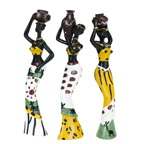 Yellow Maiden Praying for Rain 3-Piece Set - African-Style Home Decor Accents for Tabletop and Shelf Display