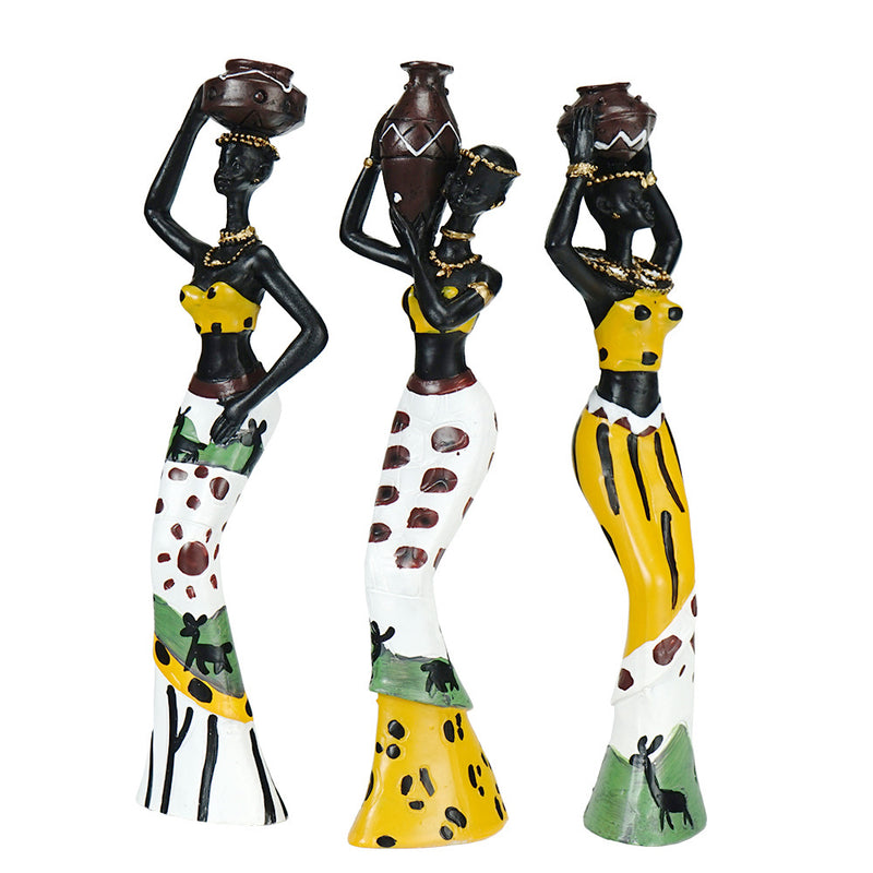 Yellow Maiden Praying for Rain 3-Piece Set - African-Style Home Decor Accents for Tabletop and Shelf Display