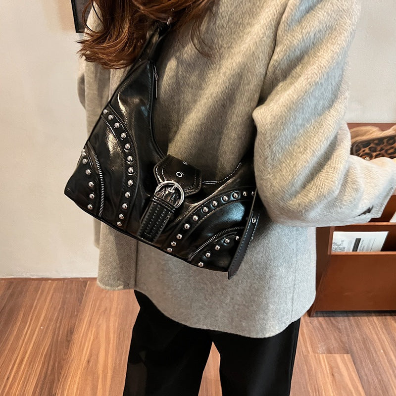 White Vintage Studded PU Leather Shoulder Bag with Adjustable Strap