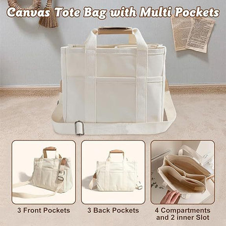 White Stylish Canvas Briefcase Tote Bag with Large Capacity for Women