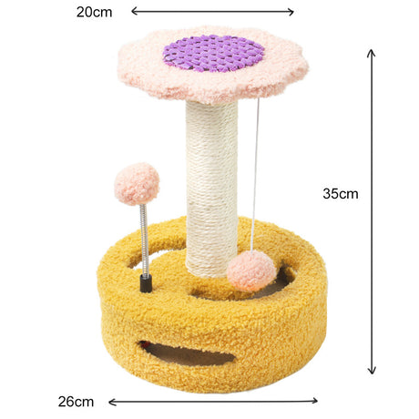 Yellow-pink Interactive Cat Scratching Post with Playful Ball Toys, Flower Design - 35cm Height, 26cm Base