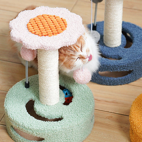 Yellow-pink Interactive Cat Scratching Post with Playful Ball Toys, Flower Design - 35cm Height, 26cm Base