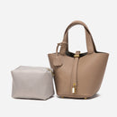 Grey Elegant Women's Leather Tote Handbag with Gold Lock Detail