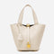 Beige Elegant Women's Leather Tote Handbag with Gold Lock Detail