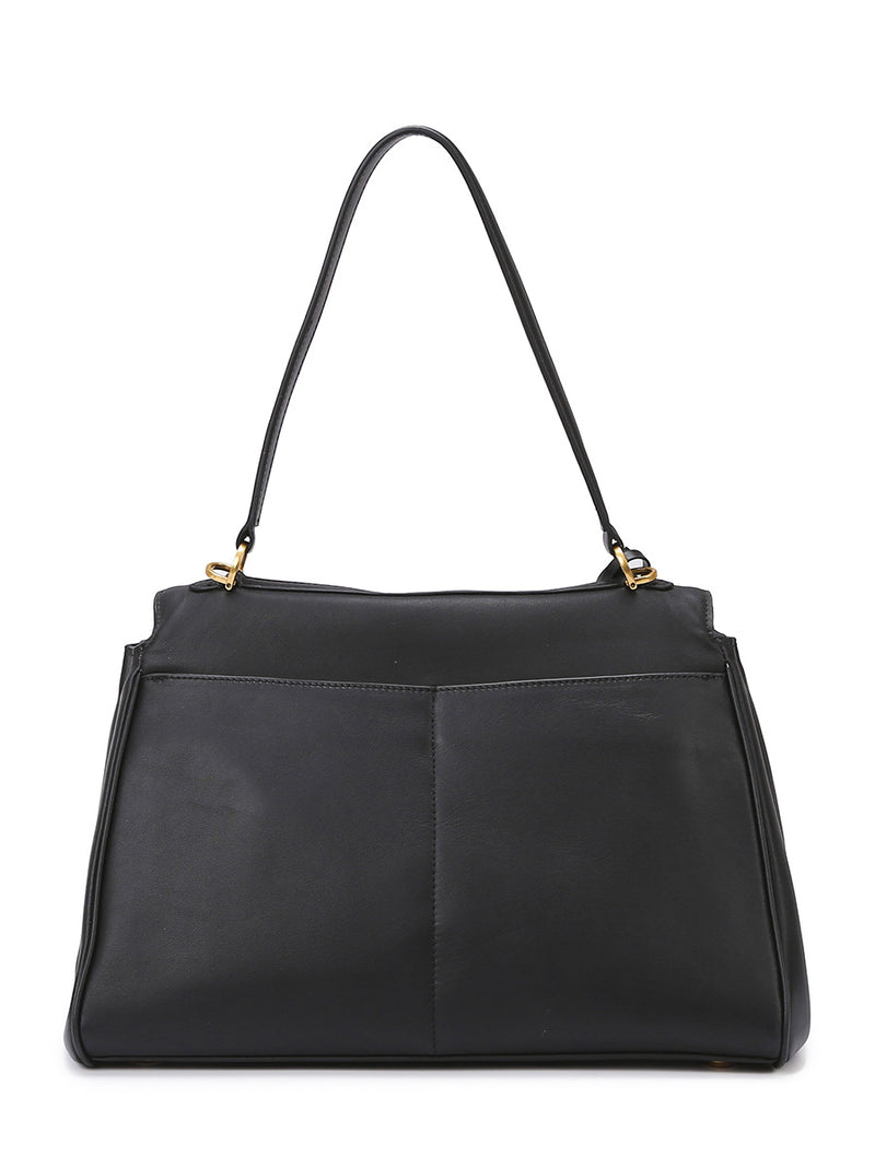 Elegant Black Leather Handbag with Gold Accents - Versatile Shoulder and Hand Carry