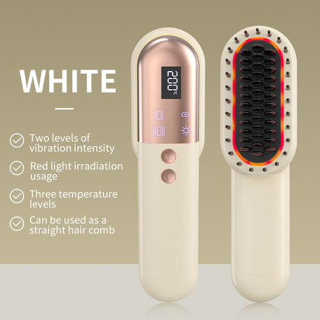 White Mini Rechargeable Ionic Hair Straightening Comb | Portable Wireless Vibration Massage Brush for Frizz-Free, Smooth Hair