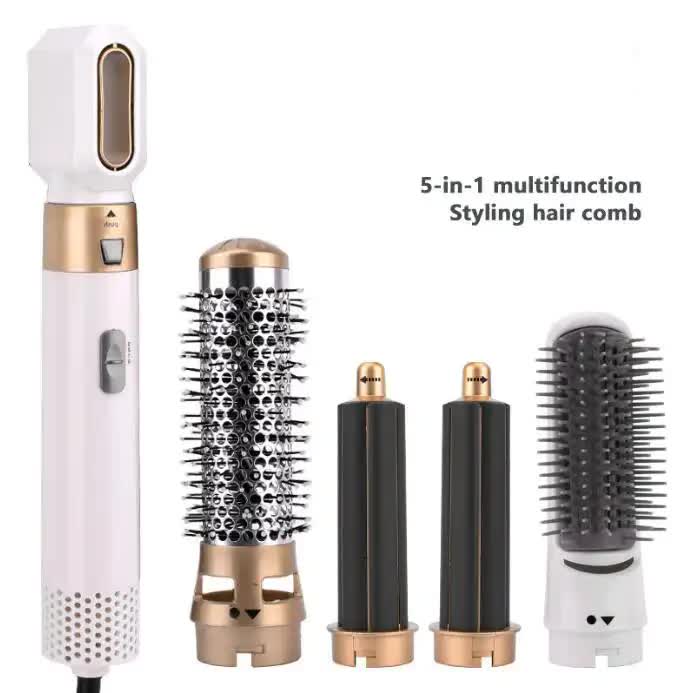 White Gold 5-in-1 Hot Air Blow Dryer Brush, Automatic Curling Iron, Straightener & Volumizing Brush - Multi-Function Hair Styling Tool