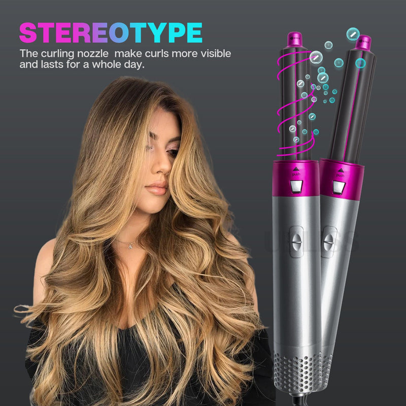 White Gold 5-in-1 Hot Air Blow Dryer Brush, Automatic Curling Iron, Straightener & Volumizing Brush - Multi-Function Hair Styling Tool