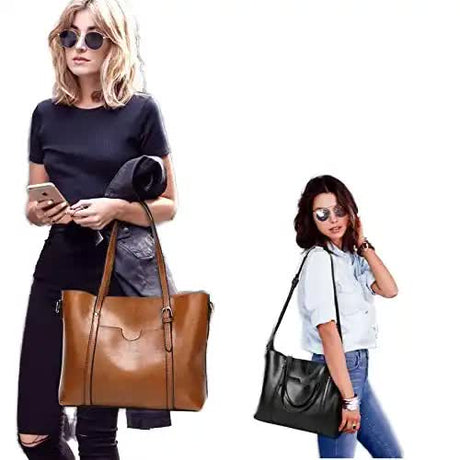 Black Fashionable Soft Leather Women's Handbag, Large Capacity Shoulder & Crossbody Tote, Casual Bucket Bag