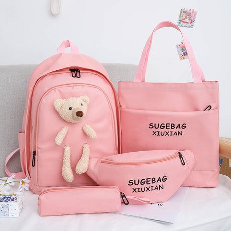 Pink Cute Little Bear Girls' Backpack Set – Korean Style Large Capacity School Bag for High School & Middle School Students, 4-Piece Set