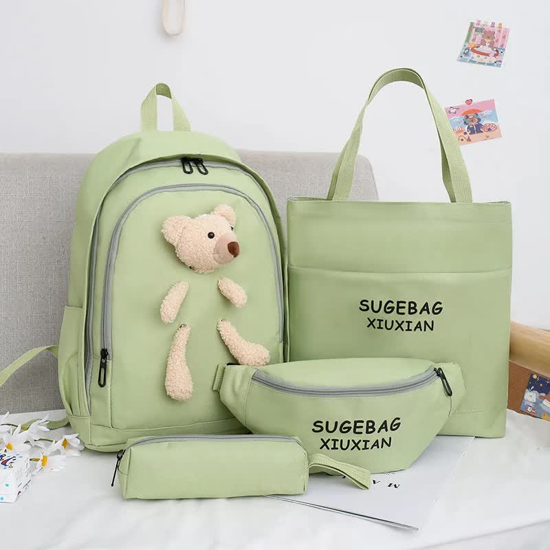 Green Cute Little Bear Girls' Backpack Set - Korean Style Large Capacity School Bag for High School & Middle School Students, 4-Piece Set