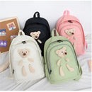 Green Cute Little Bear Girls' Backpack Set - Korean Style Large Capacity School Bag for High School & Middle School Students, 4-Piece Set