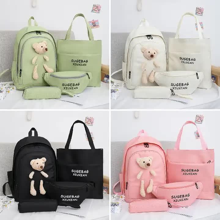 White Cute Little Bear Girls' Backpack Set - Korean Style Large Capacity School Bag for High School & Middle School Students, 4-Piece Set