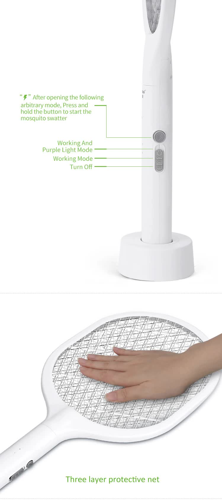 White Rechargeable Electric Mosquito Racket - 2-in-1 Mosquito Killer with Lithium Battery, Fly Swatter & Mosquito Zapper for Home Use