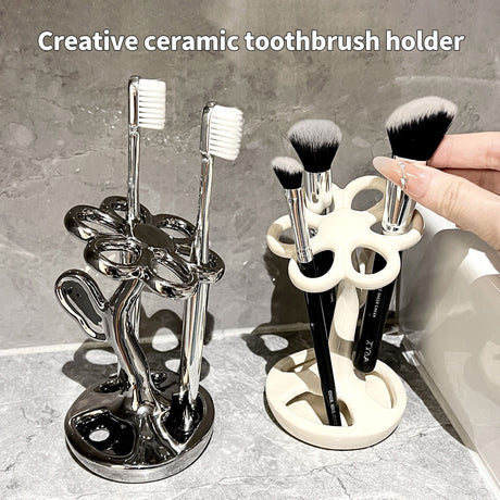 White Creative Ceramic Toothbrush Holder – Makeup Brush & Eyebrow Pencil Organizer for Bathroom, Stylish and Practical Toothbrush Stand