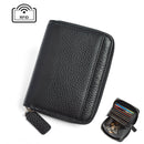 Black Genuine Leather Women’s Wallet – Short Accordion Card Holder with RFID Protection, Zippered Coin Purse in Cowhide Leather, Japanese Style