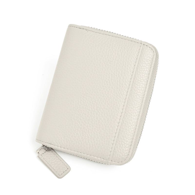 White Genuine Leather Women’s Wallet – Short Accordion Card Holder with RFID Protection, Zippered Coin Purse in Cowhide Leather, Japanese Style