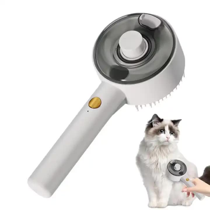 White Pet Grooming Spray and Massage Brush | One-Click Hair Removal Comb for Cats & Dogs | UV Sterilization for Mites Control