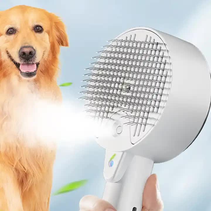 White Pet Grooming Spray and Massage Brush | One-Click Hair Removal Comb for Cats & Dogs | UV Sterilization for Mites Control