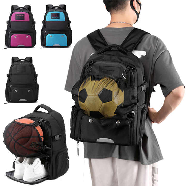 Black Large Capacity Sports Backpack, Waterproof Basketball & Soccer Bag, Separate Shoe Compartment, Student Backpack