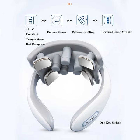 White Portable Electric Neck Massager – Intelligent Pulse Therapy with Heat and 4 Massage Heads