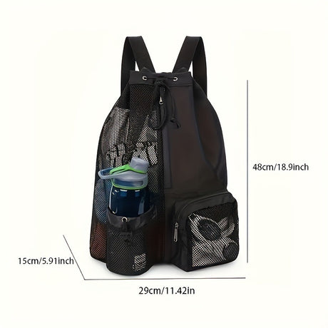 Black Mesh Drawstring Swim Backpack with Wet Pocket – Lightweight Beach, Gym, Outdoor Sports Bag – 245g