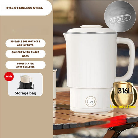 White Portable Foldable Travel Electric Kettle - 316 Stainless Steel Electric Water Boiler