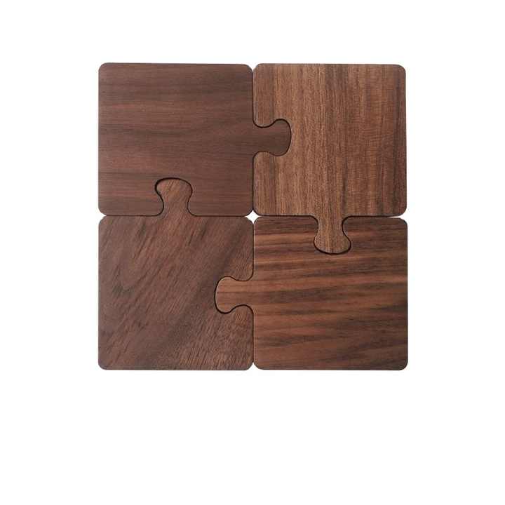 Wood Color Natural Black Walnut Wooden Coasters, Heat-Resistant Tea Cup Pads, Puzzle-Shaped Drink Mats, Eco-Friendly Tea Accessories Set