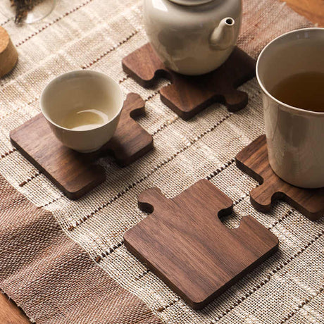 Wood Color Natural Black Walnut Wooden Coasters, Heat-Resistant Tea Cup Pads, Puzzle-Shaped Drink Mats, Eco-Friendly Tea Accessories Set