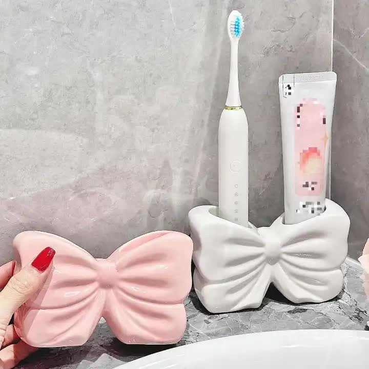 White Creative Ceramic Bowknot Toothbrush Holder - Elegant Bathroom Storage for Electric Toothbrush and Toothpaste