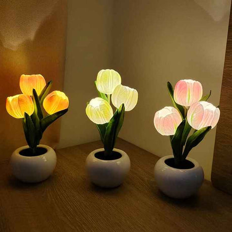 White Flowers USB Tulip Night Light - Bedroom Decor Table Lamp with PU Flowers & Ceramic Pot, Perfect Gift for Family & Friends