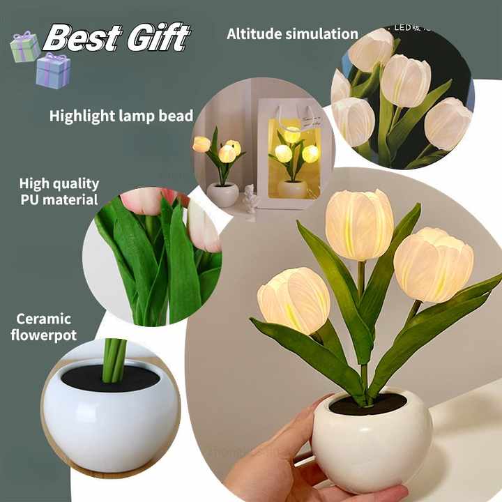 White Flowers USB Tulip Night Light - Bedroom Decor Table Lamp with PU Flowers & Ceramic Pot, Perfect Gift for Family & Friends