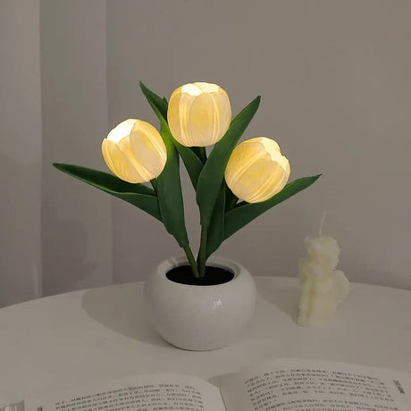 Yellow Flowers USB Tulip Night Light - Bedroom Decor Table Lamp with PU Flowers & Ceramic Pot, Perfect Gift for Family & Friends