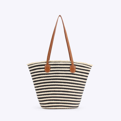 Black And White Stripes Handmade Large Capacity Striped Beach Tote Bag with Zipper and Inner Pocket - Summer Vacation Woven Shoulder Bag for Women